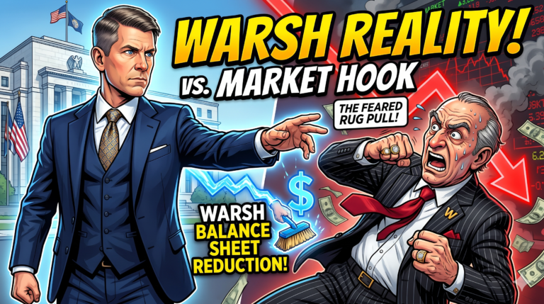 Comic book style YouTube thumbnail titled "Warsh Reality! vs. Market Hook." On the left, a determined man in a blue suit stands in front of the Federal Reserve building. On the right, a panicked, sweating older trader falls backward amid falling cash and a crashing stock chart labeled "The Feared Rug Pull!" In the center, a hand sweeps away a dollar sign graphic next to the text "Warsh Balance Sheet Reduction!"