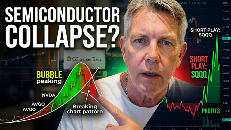 Financial analyst pointing to a stock chart showing a peaking semiconductor bubble and breaking pattern, highlighting a profitable SQQQ short play.