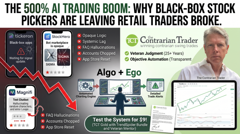 he 500% AI Trading Boom," comparing broken black-box AI platforms on the left with a downward red arrow, against "The Contrarian Trader" system on the right featuring a professional portrait of a veteran trader, an "Algo + Ego" workflow diagram, and a $9 trial offer.