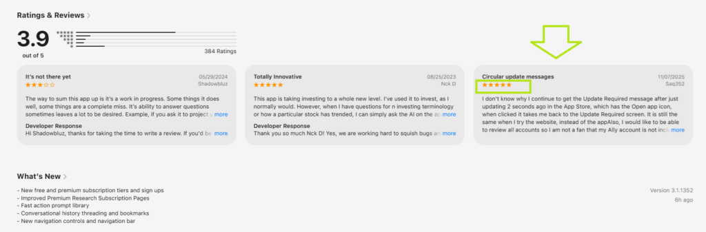 Apple App Store rating page for Magnifi AI showing a 3.9 score with a polarized bar chart and a text contradiction where a user leaves a 5-star rating but writes a highly critical review about a broken app update loop.