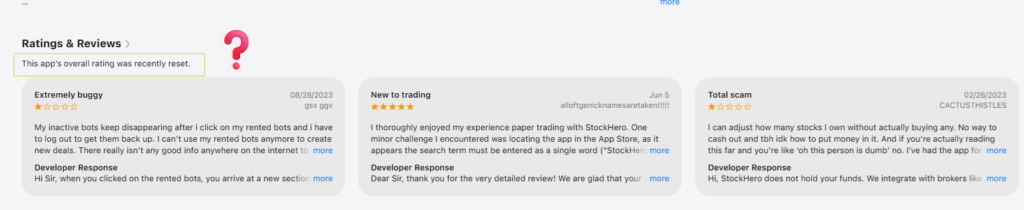 Apple App Store reviews for StockHero showing an 'overall rating was recently reset' notification alongside user reviews detailing bugs with rented bots and complaints of software issues.