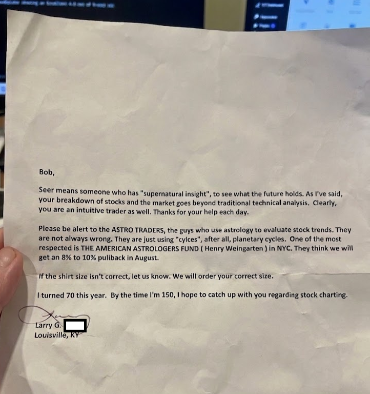 A physical, hand-signed testimonial letter sent to Bob at The Contrarian Trader from a 70-year-old member named Larry G. Clapp, praising his intuitive stock charting and market analysis.