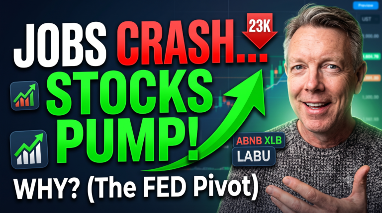 Stock trading YouTube video thumbnail. On the right, a smiling middle-aged man in a gray knitted sweater gestures toward bold red, white, and green text reading "JOBS CRASH... STOCKS PUMP! WHY? (The FED Pivot)." The left side shows a green upward curve arrow, a red down arrow labeled "23K," stock icons, and ticker labels for ABNB, XLB, and LABU against a dark financial chart background.