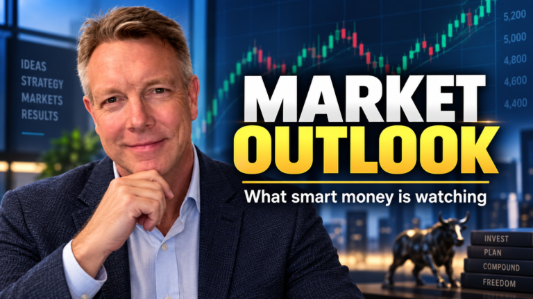 Market analyst in a professional suit with a serious expression, flanked by stock market candle charts, red downward loss arrows, a Federal Reserve logo, and text reading Not Jay Powell and Fed Rate Hikes.