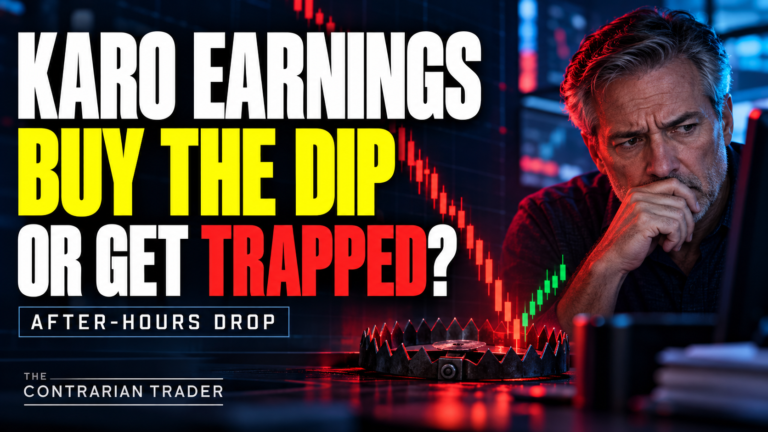 KARO earnings graphic with a concerned investor, falling candlesticks, and a bear trap beneath the headline “Buy the Dip or Get Trapped?”