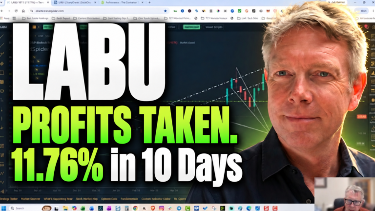 Bob Desmond beside a LABU chart with text highlighting profits taken and an 11.76% gain in 10 trading days.